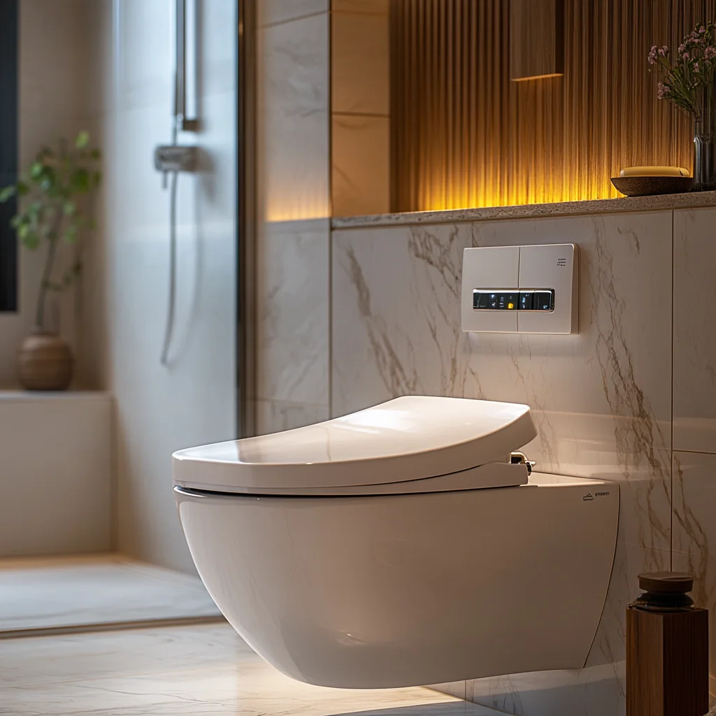 Modern bathroom with a sleek, white toilet set against dark cabinetry and a marble-patterned floor, with natural light streaming through a large window and green plants adding a touch of freshness.