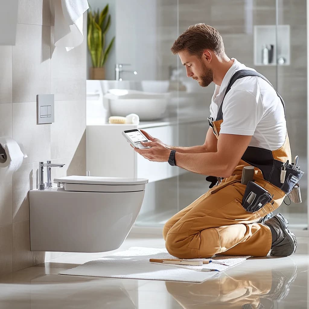 A professional plumber is replacing a toilet bidet.