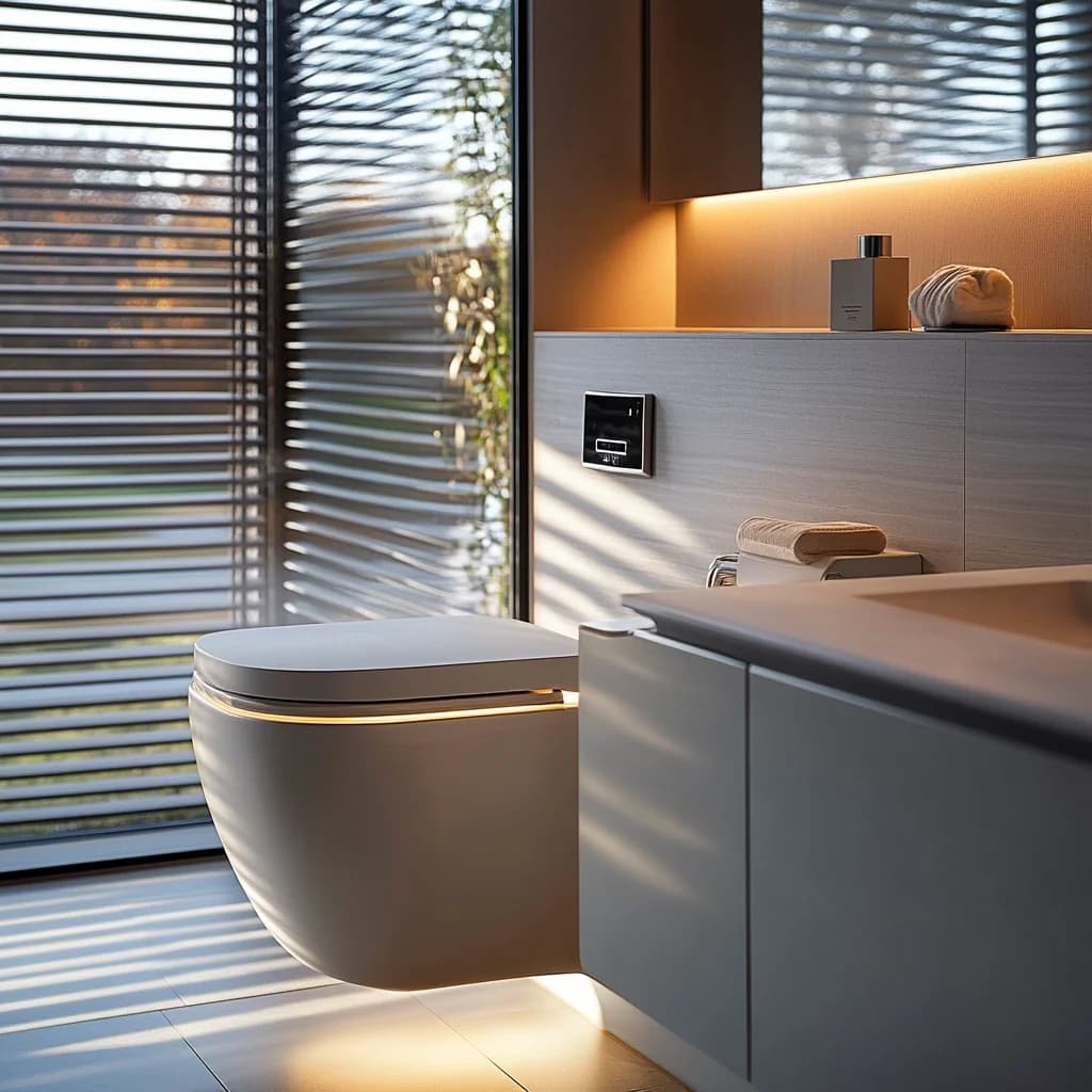 Contemporary bathroom featuring a stylish white toilet beside dark cabinets, with glossy marble-style flooring and sunlight filtering through a large window, complemented by potted greenery for a natural touch.