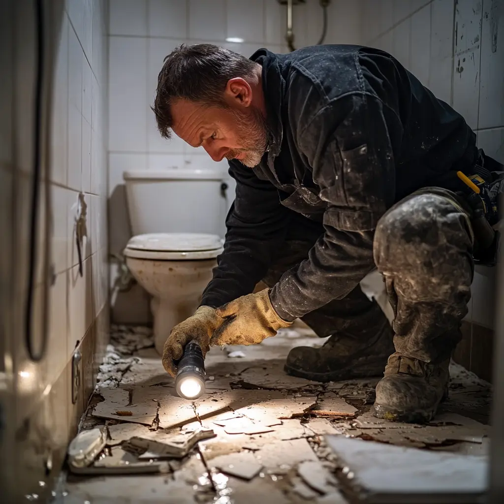A professional plumber is replacing a toilet flange.