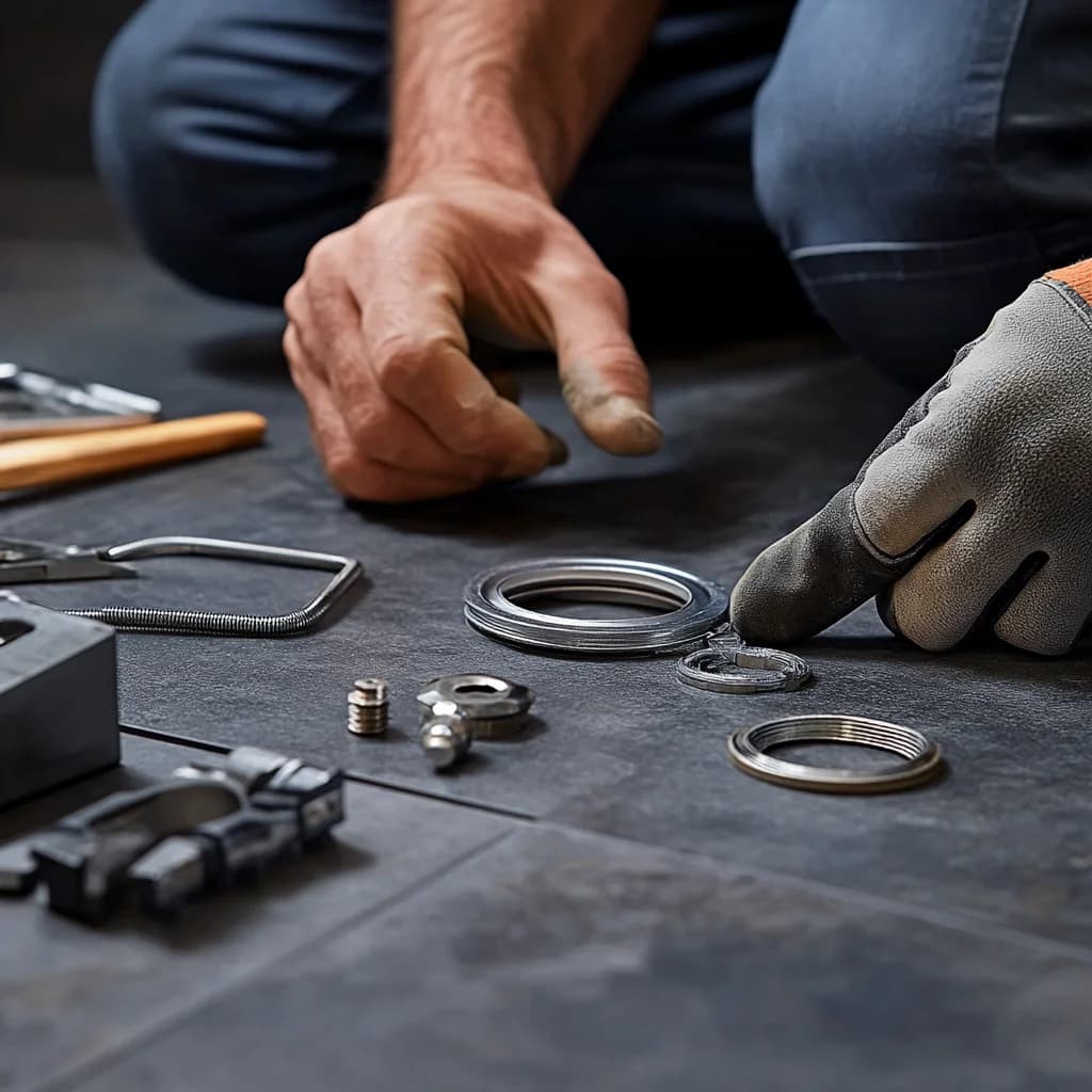 Close-up of a plumber’s hands working on a bathroom floor, assembling various metal plumbing components and fittings, with tools and parts spread out on dark tile. One hand wears a work glove while the other is bare and slightly dirty.