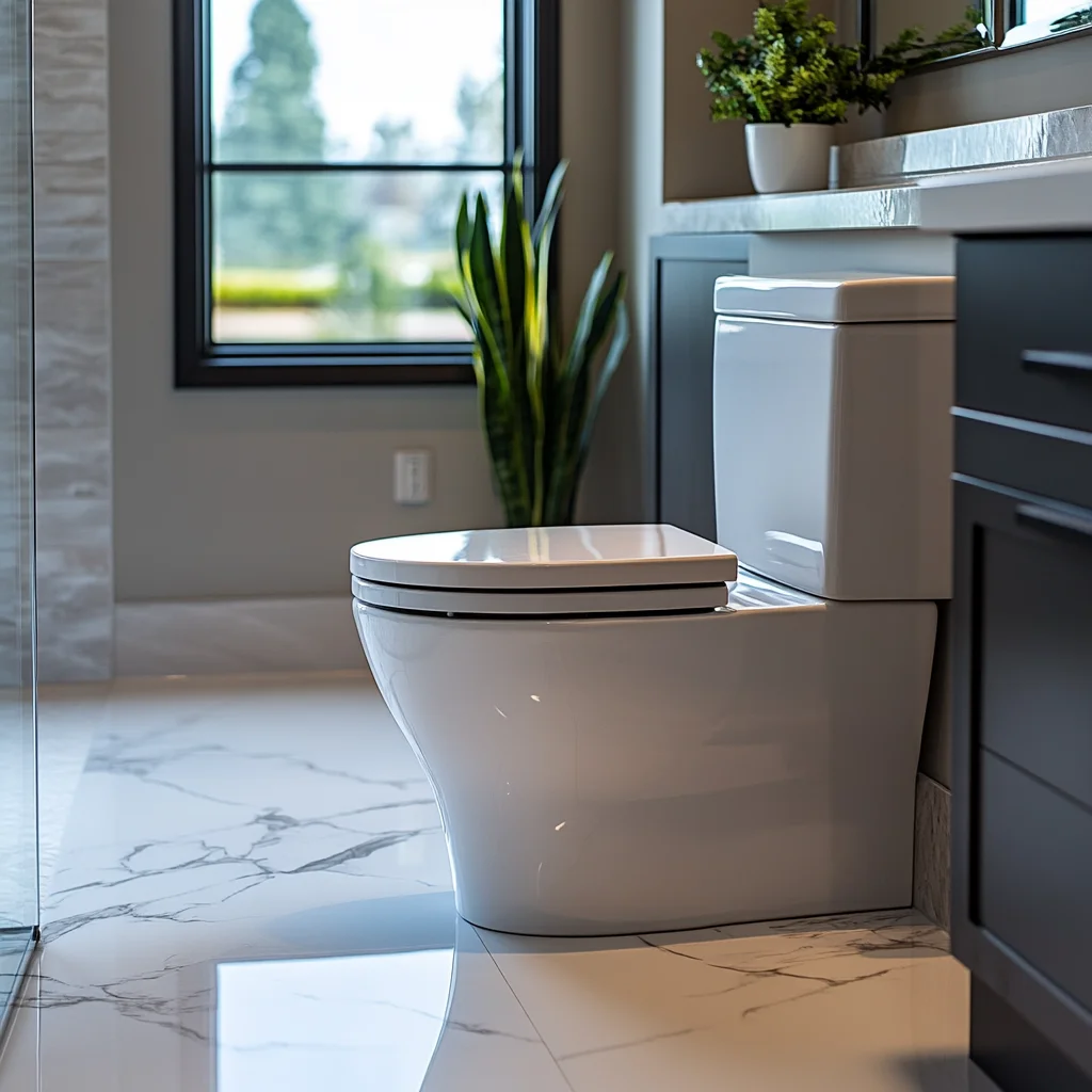 Modern bathroom with a sleek, white toilet set against dark cabinetry and a marble-patterned floor, with natural light streaming through a large window and green plants adding a touch of freshness.