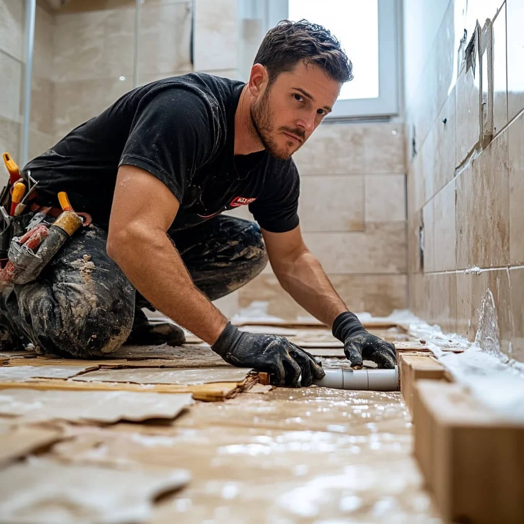 A professional plumber is placing a pipe on floor.