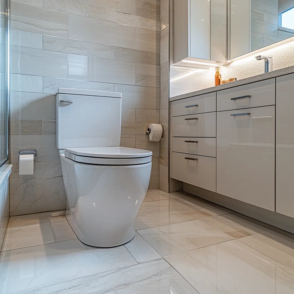 Professional bathroom plumbing service in progress, showcasing a newly installed toilet after relocation, set in a clean, modern bathroom with updated fixtures and flooring.