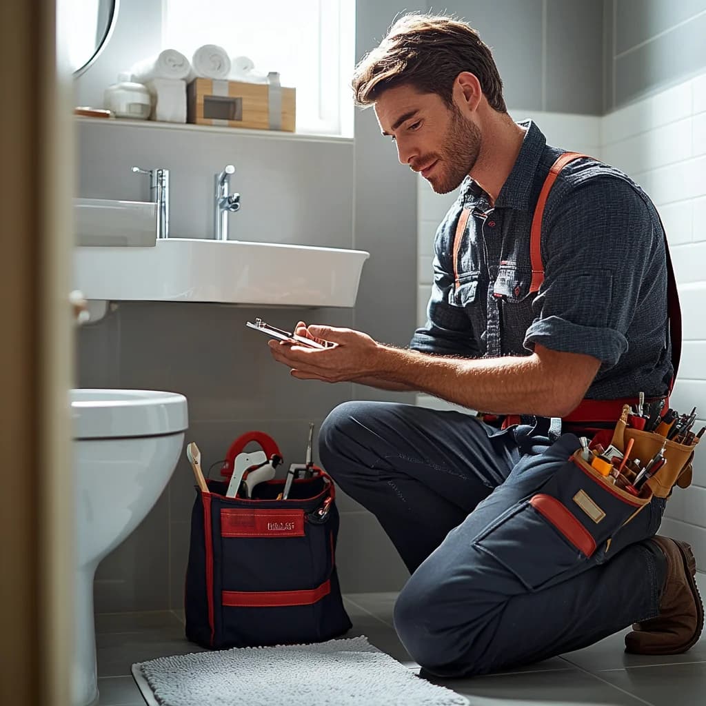 A professional plumber is repairing a toilet.