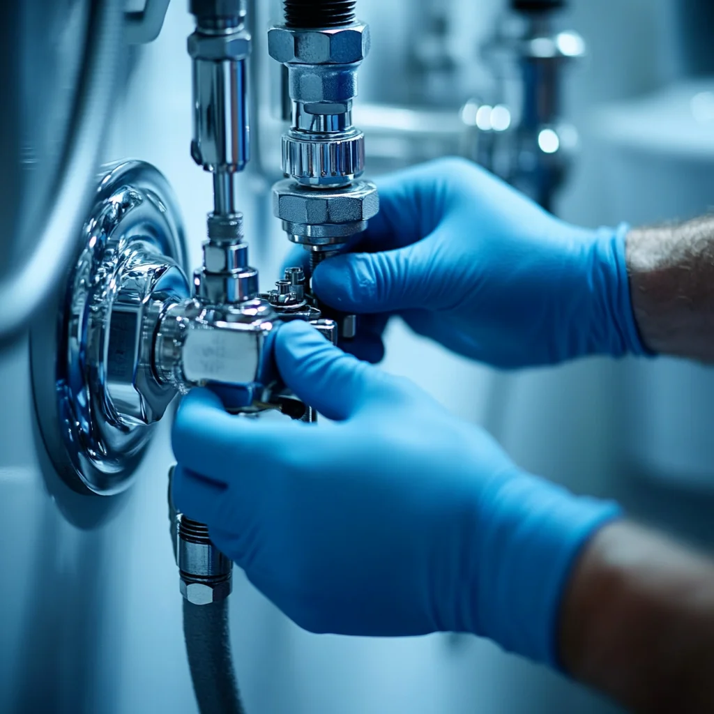 A close shot of a plumber hands repairing a toilet.
