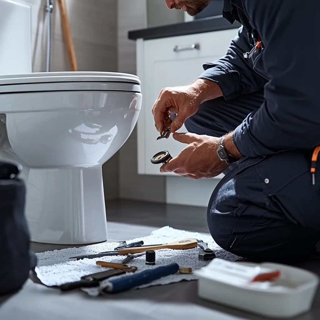 A professional plumber in a bathroom replacing a toilet.