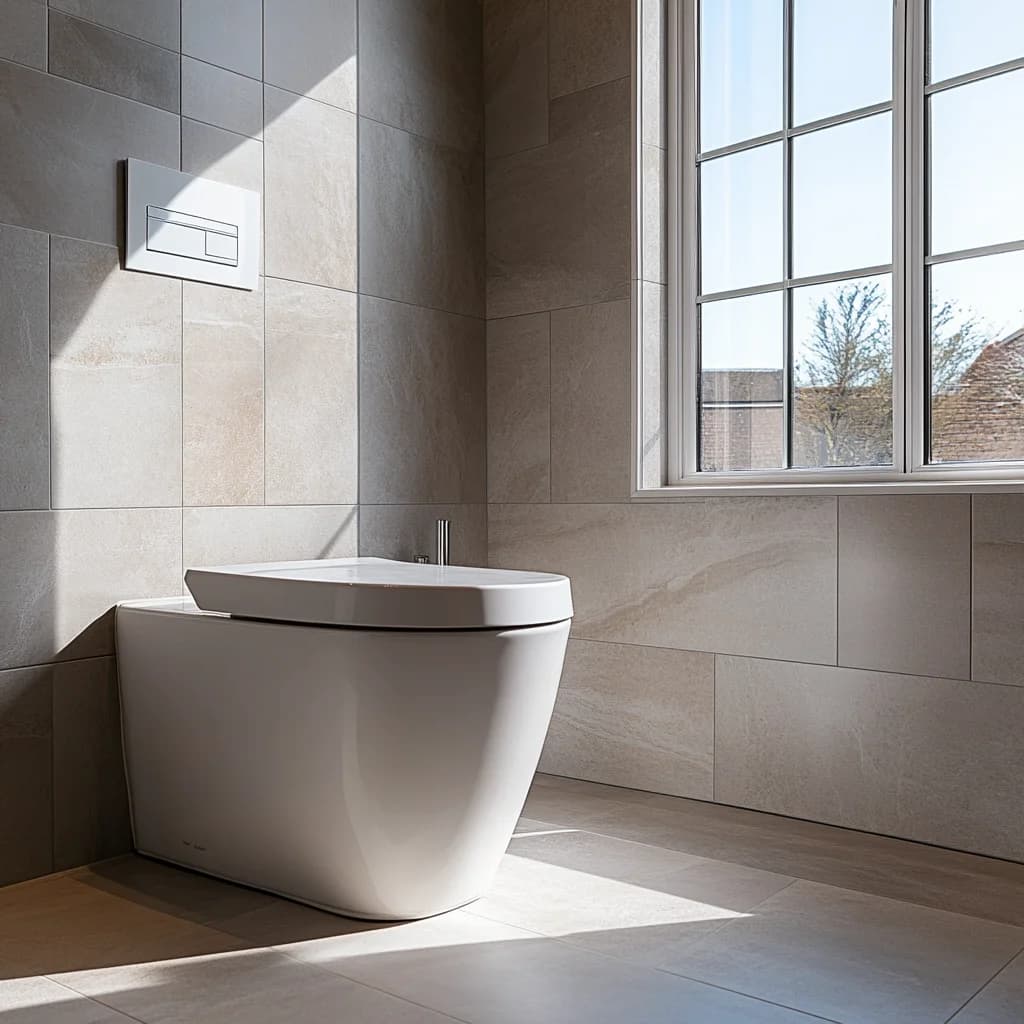 Modern, minimalist bathroom featuring a sleek, white, tankless toilet with a dual-flush wall panel, set against large beige ceramic tiles and illuminated by natural light from a nearby window.