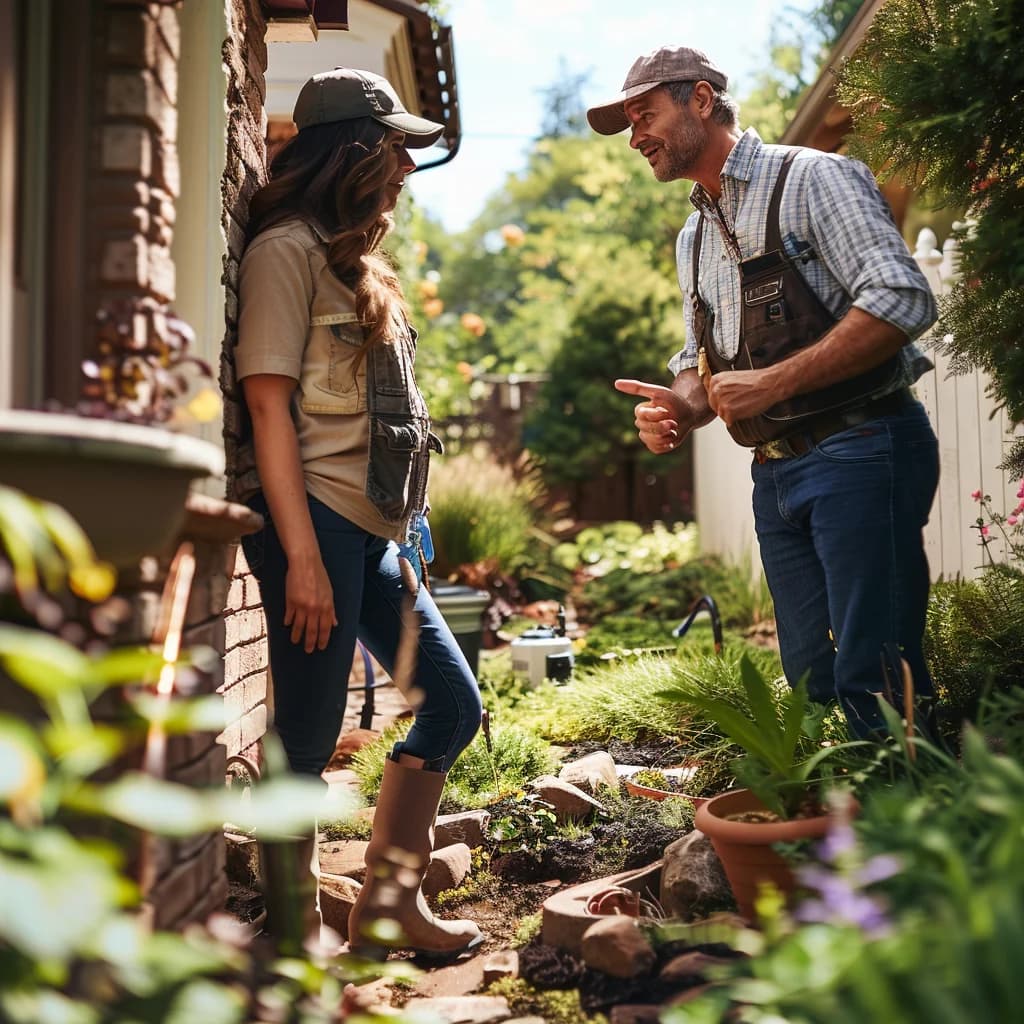 A professional plumber is talking to a woman about replacing trenchless water service.