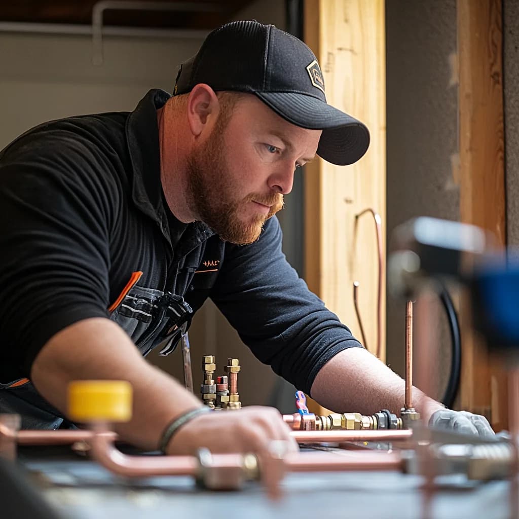 A professional plumber is working.