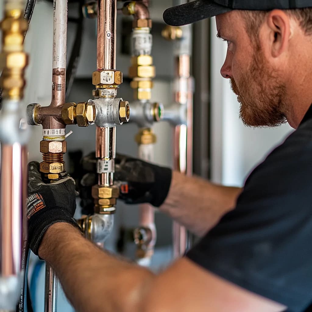 A professional plumber is working.