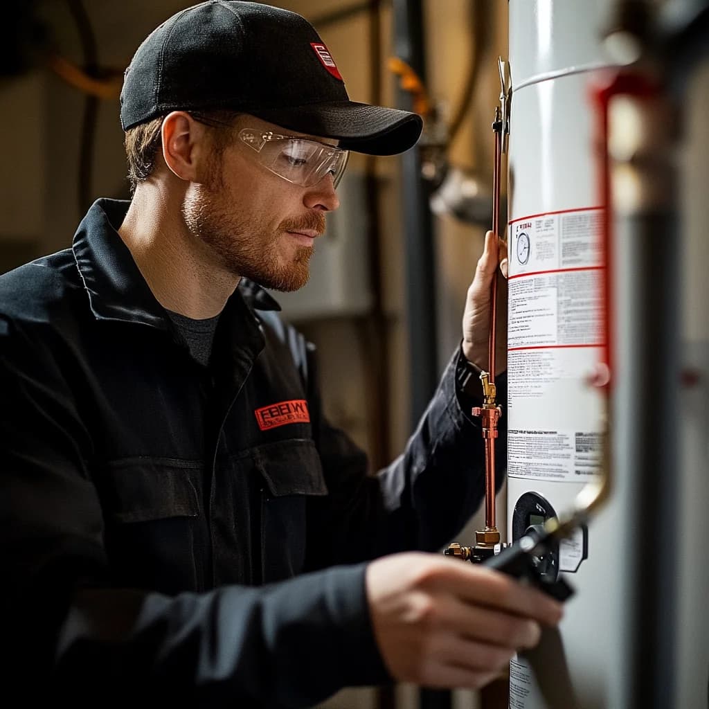 A professional plumber is repairing a water heater.
