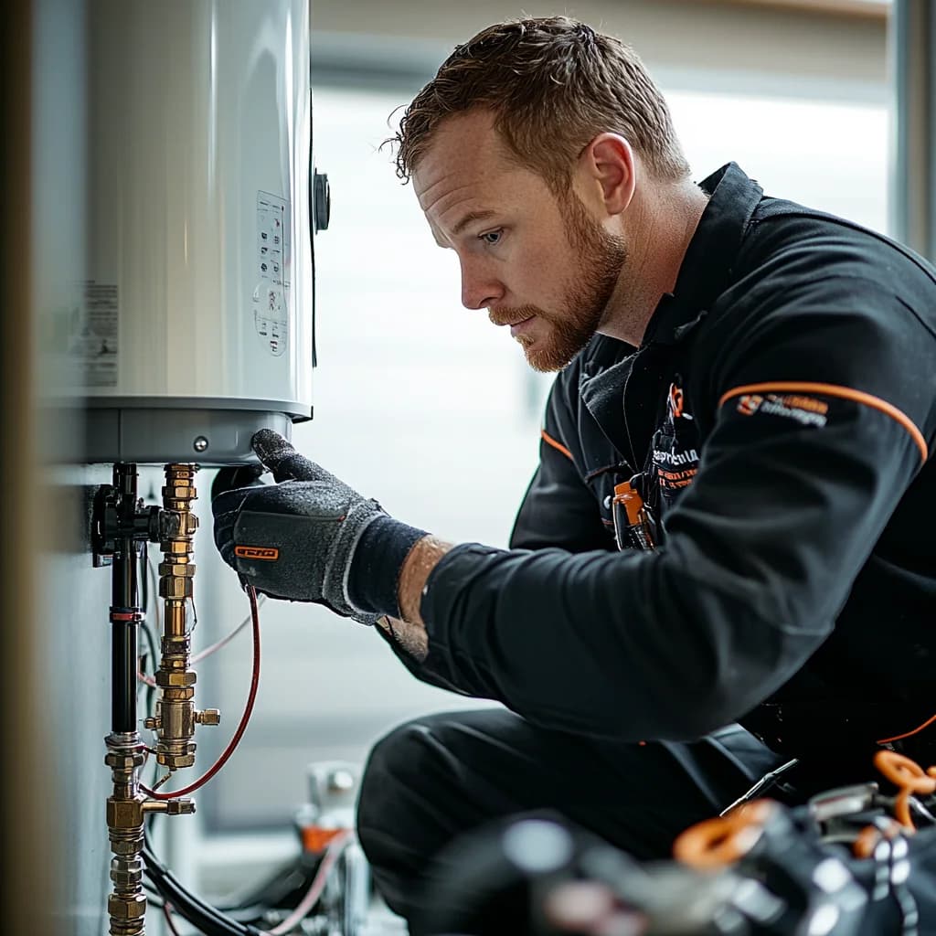 A professional plumber is replacing a water heater.