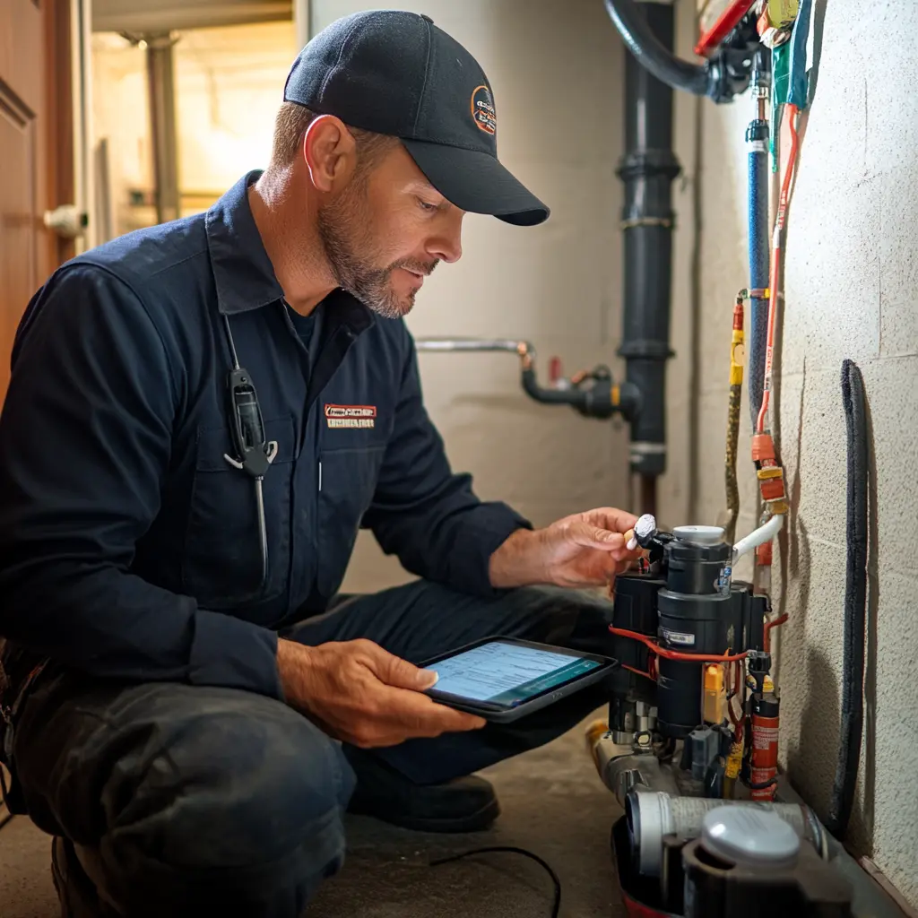 A professional plumber is working.