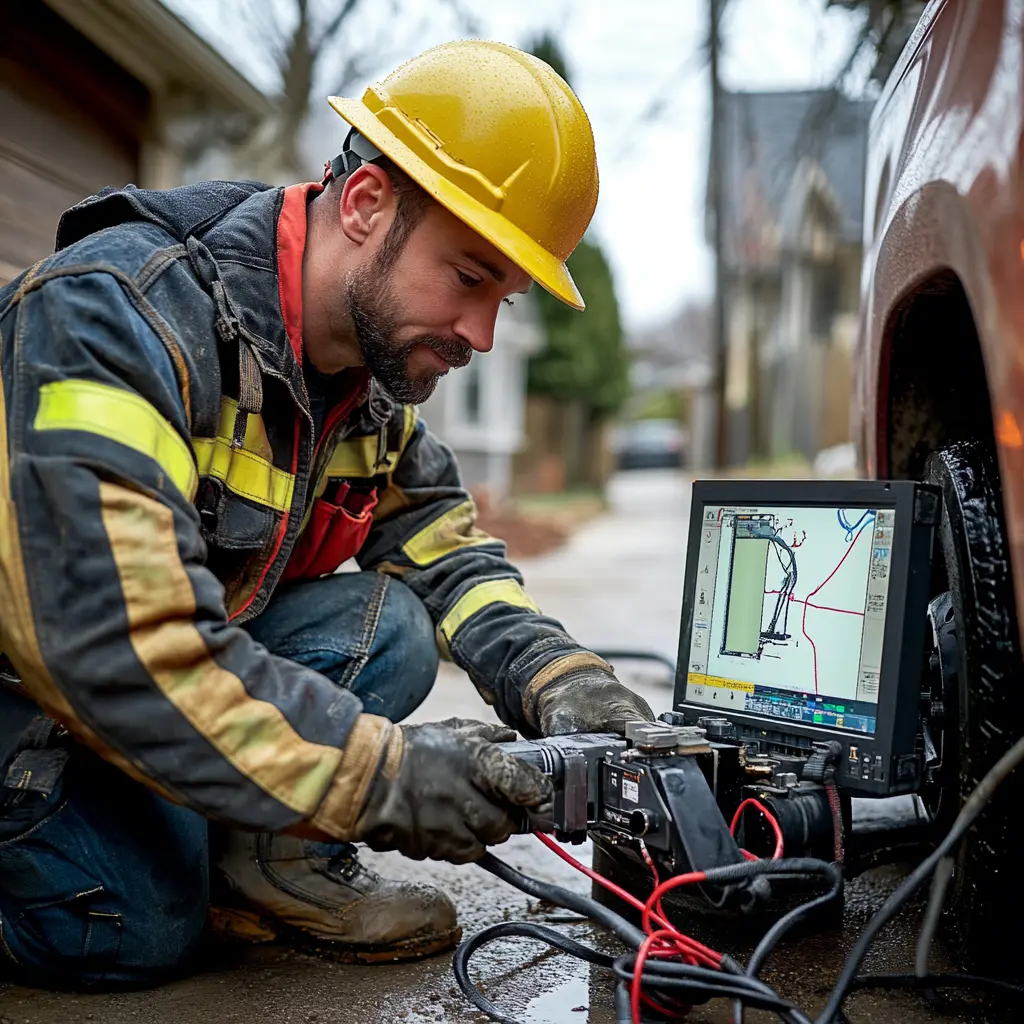 A professional plumber is working with a device in front of a truck.