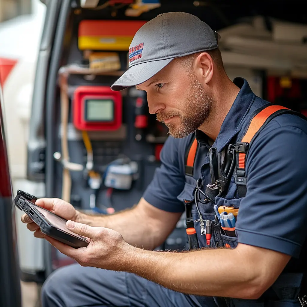 A professional plumber is sitting in a truck van holding a device.