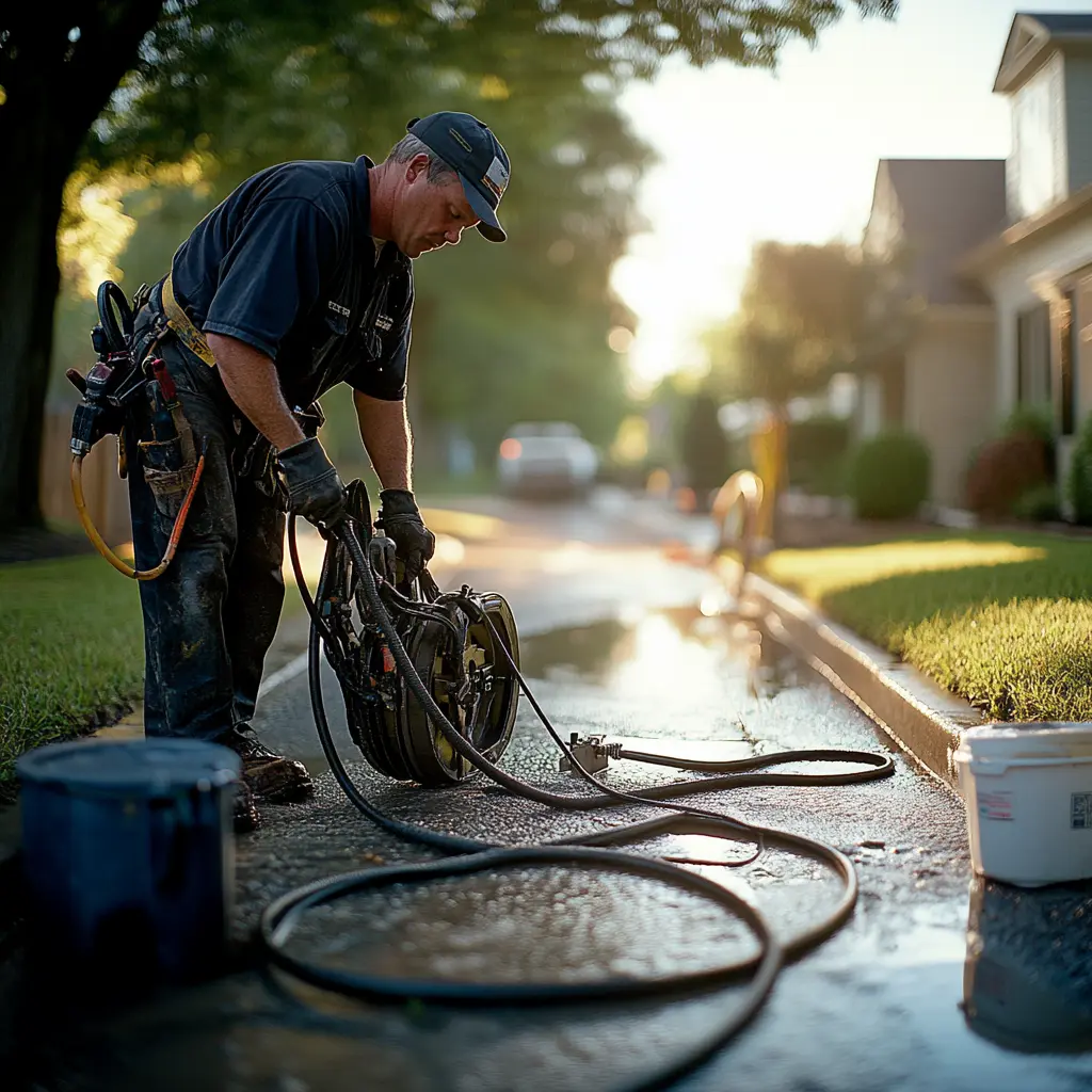 A professional plumber is working with a machine in a street.
