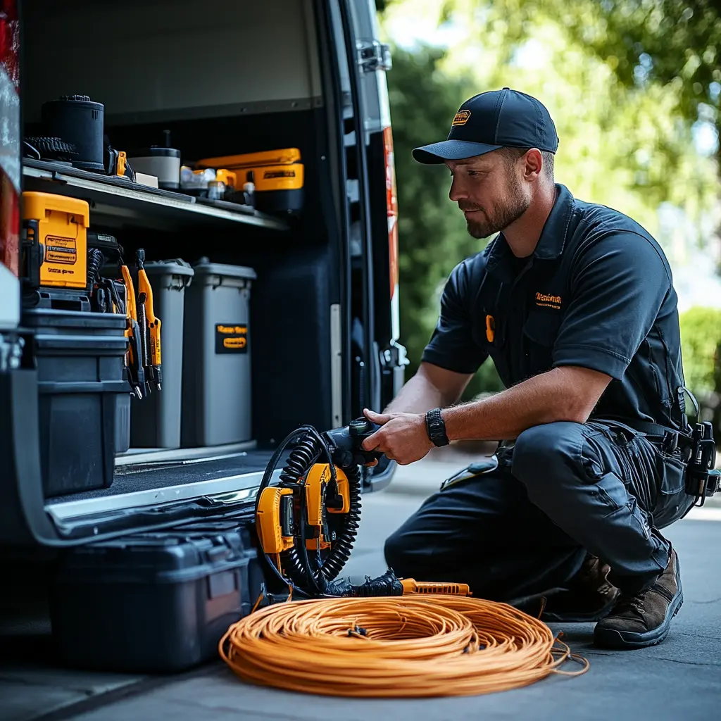 A professional plumber is working with cables.