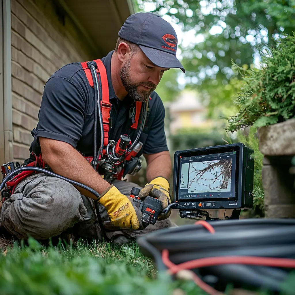 A professional plumber is working with a device.