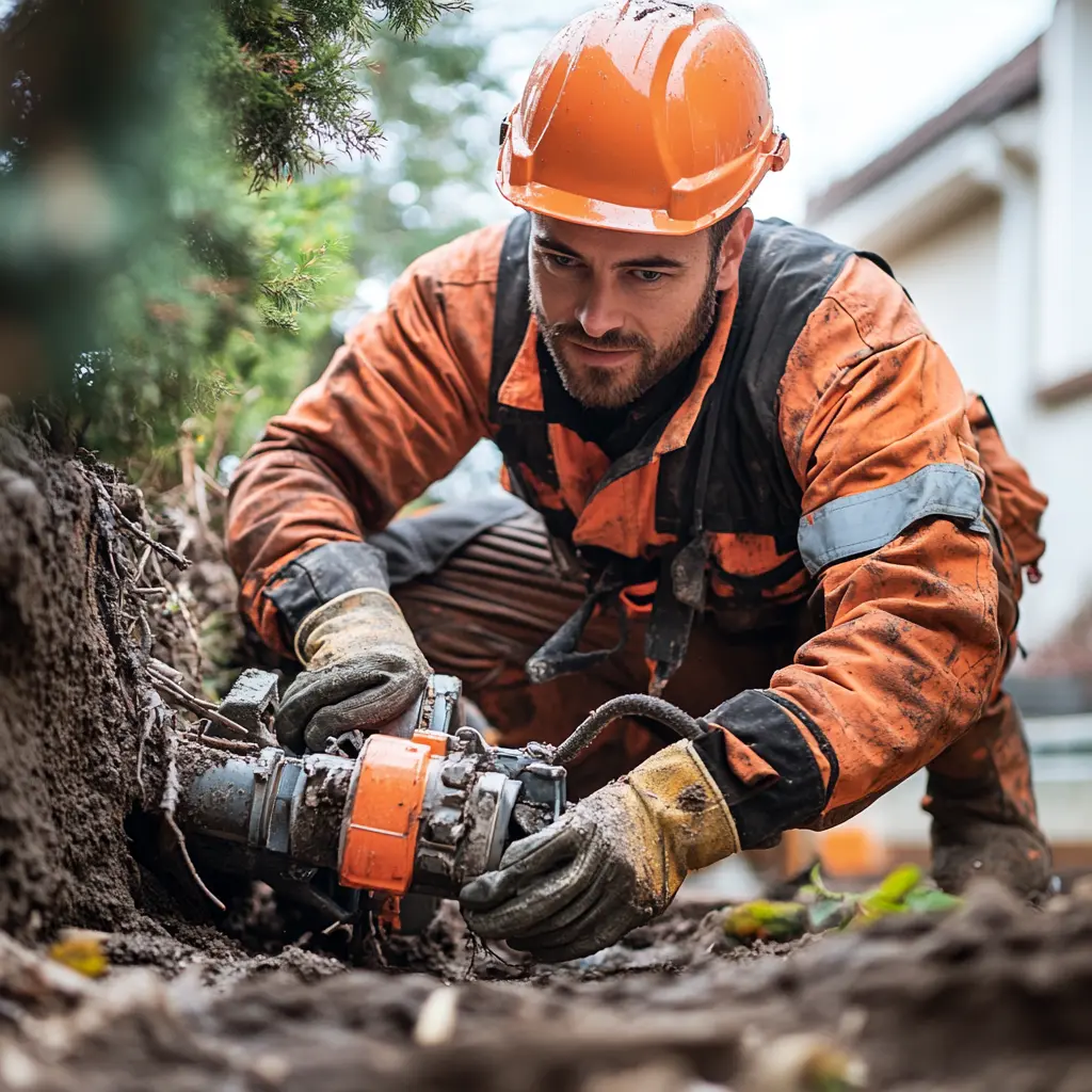 A professional plumber is working with a machine.