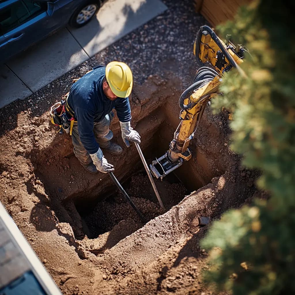 A professional plumber standing on a deep square trench holding two pipes.