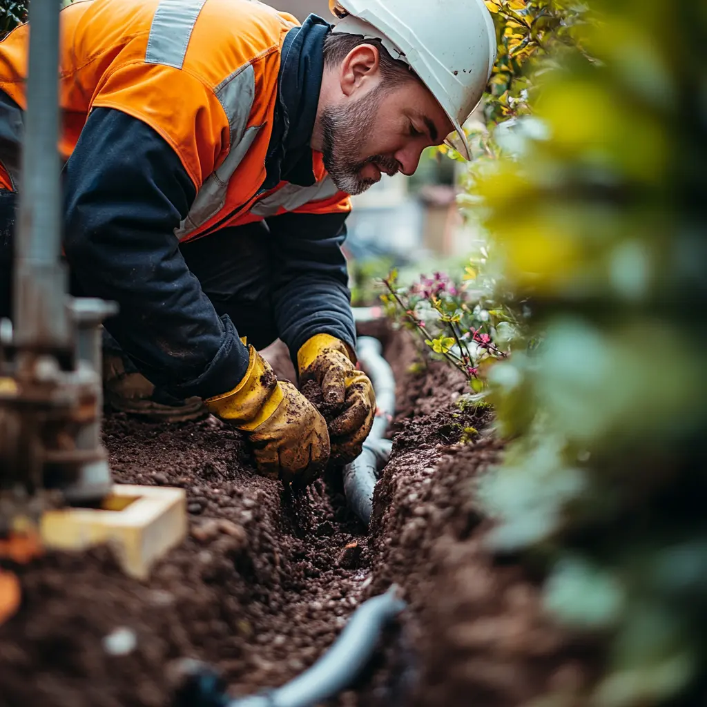 A professional plumber looking at a shallow pipe trench.