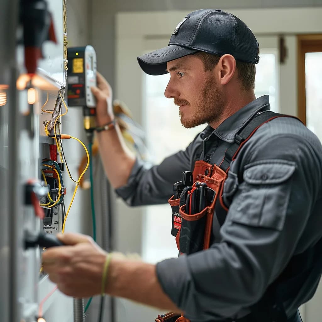 A professional plumber is installing an electric water heater.