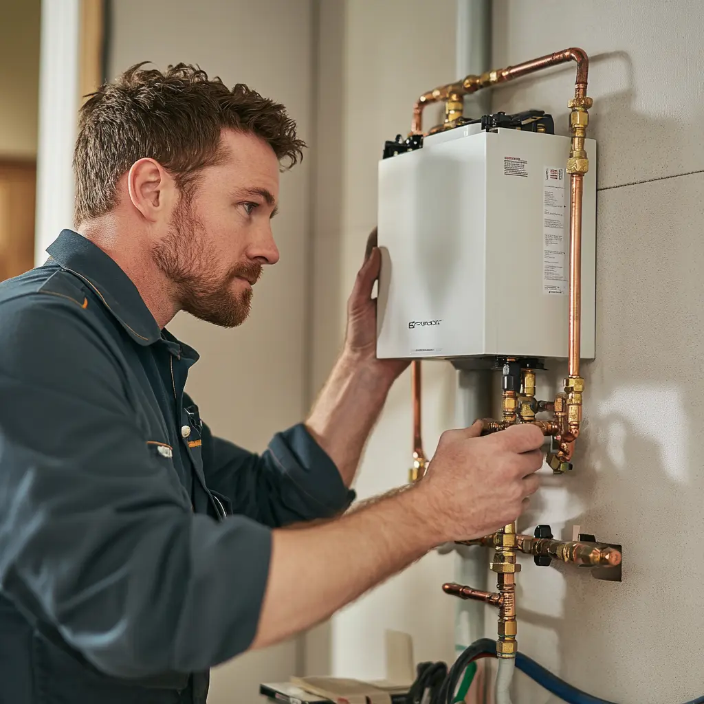 Professional plumber working on Tankless Water Heater Conversion.