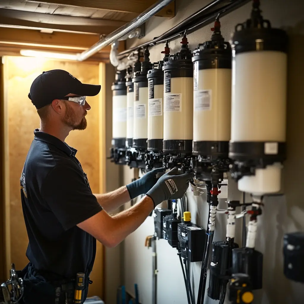 Professional plumber working on Whole House Water Filtration.